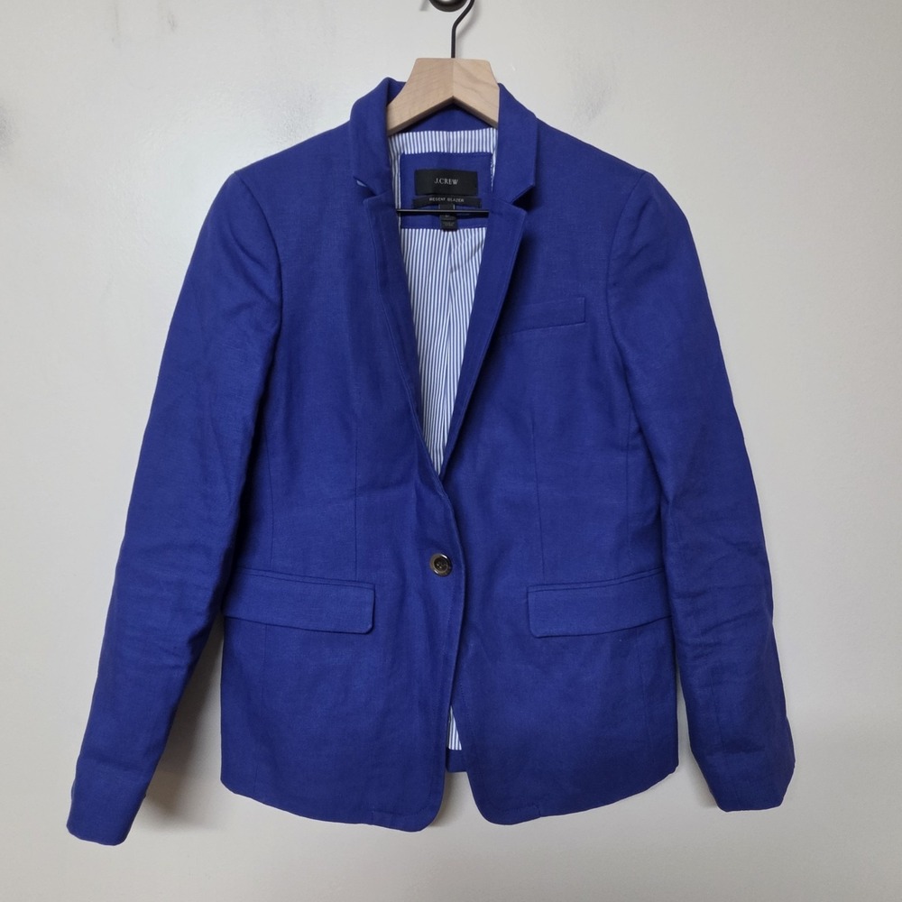 J Crew Regent Blazer Sz 6P Cobalt Royal Blue Linen Career Jacket C0575 Academia